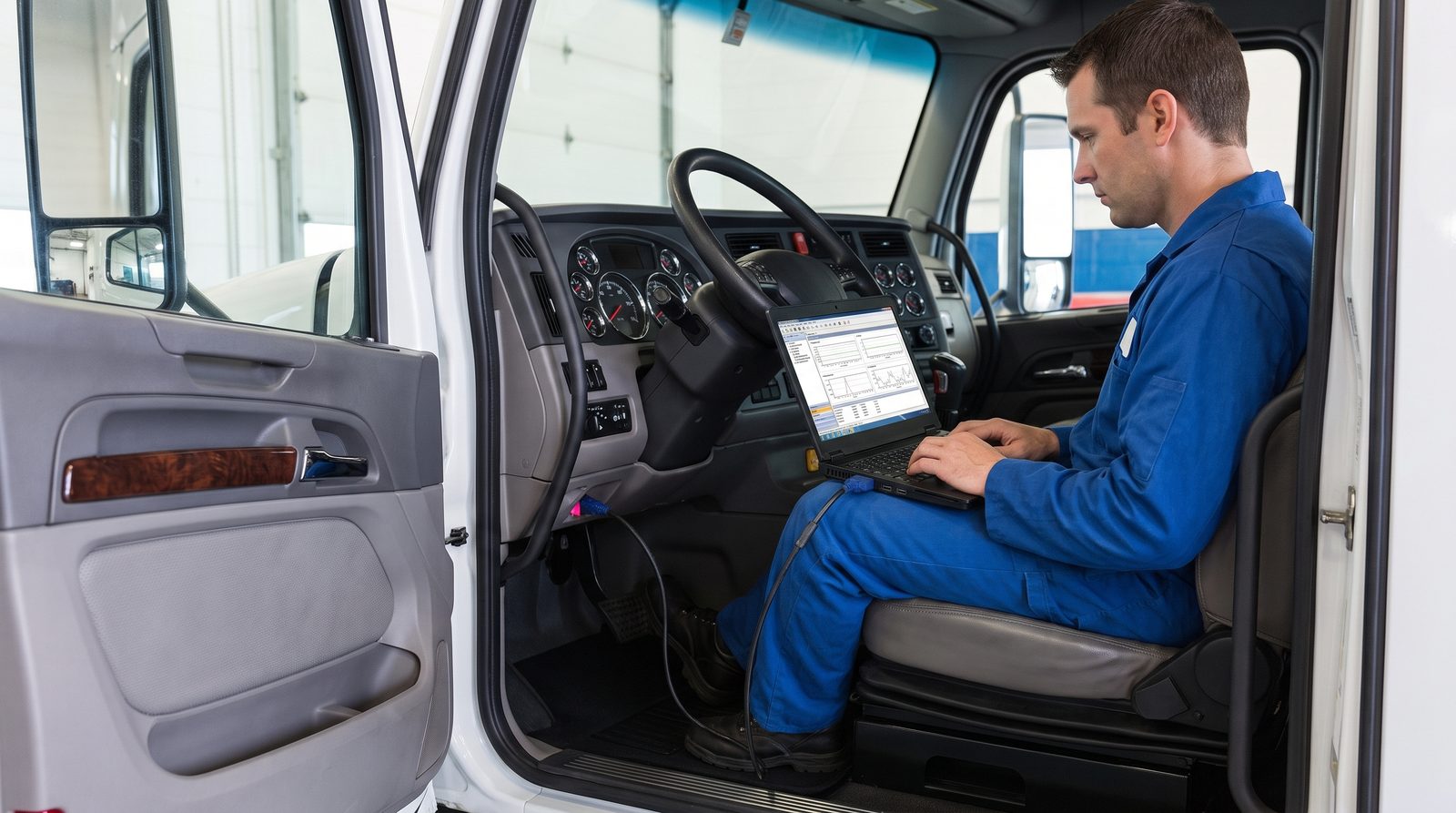 Technician running air brake diagnostics on a commercial truck