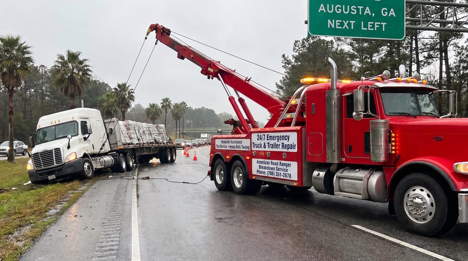 Heavy duty tow truck recovering a loaded tractor trailer near Augusta GA